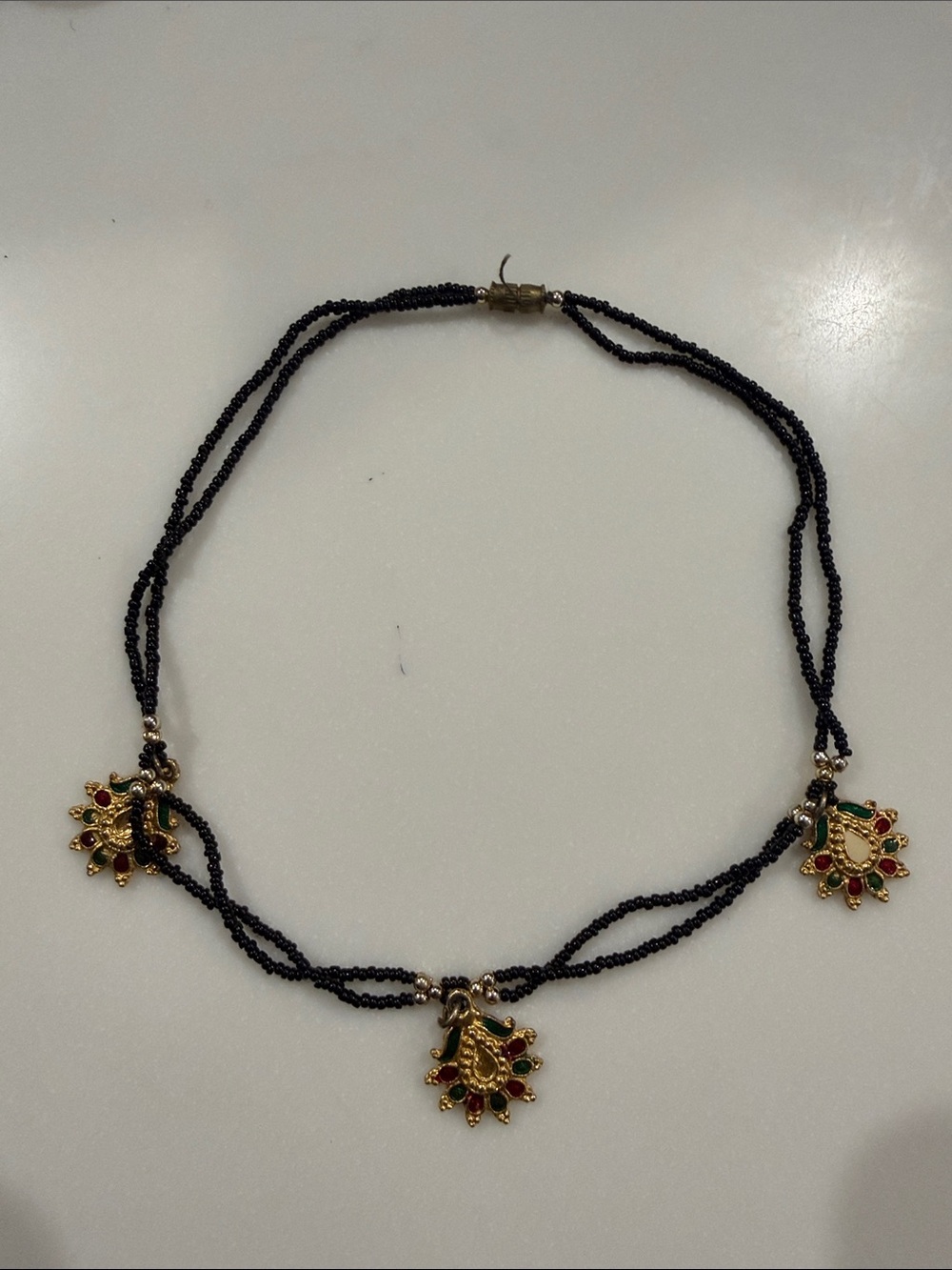Gold-tone Beaded Pendant Necklace with Black Beads
